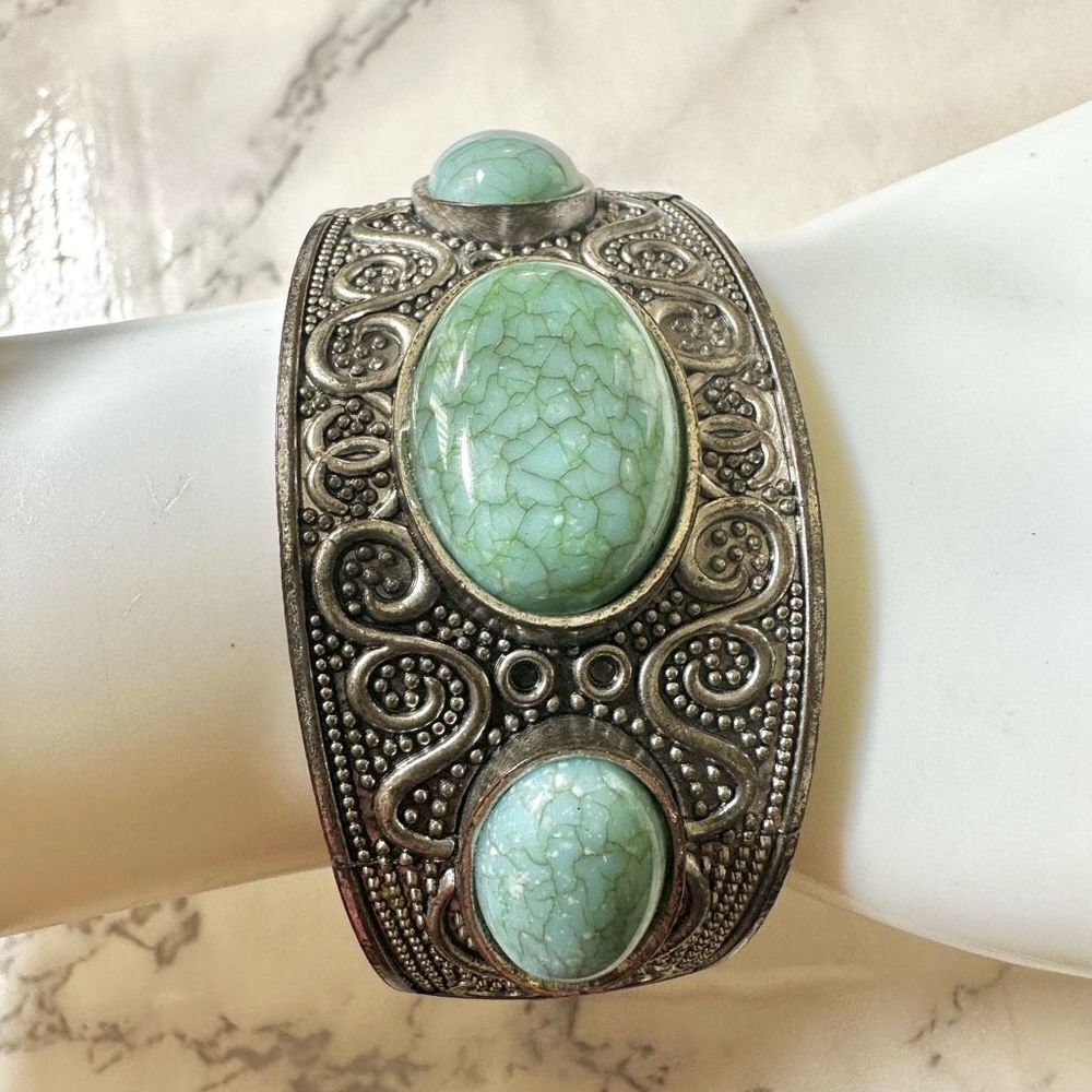 Faux turquoise silver engraved clamper bracelet